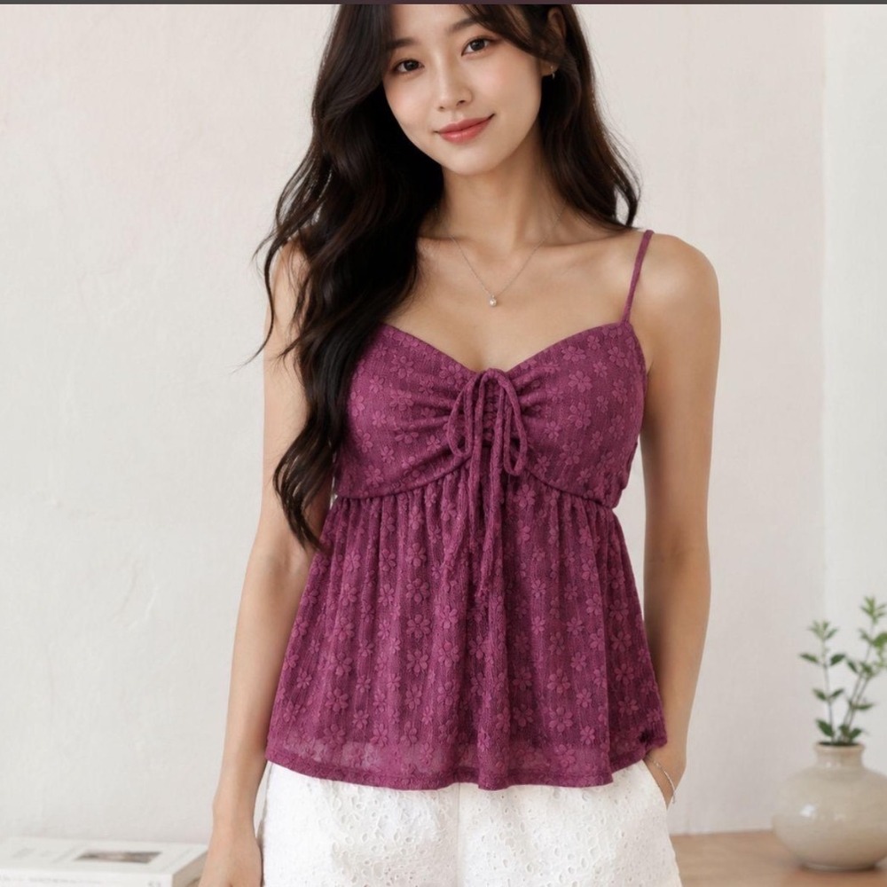 No Boundaries Womens Floral Lace Babydoll Cami Top Plum Purple Large 12-14